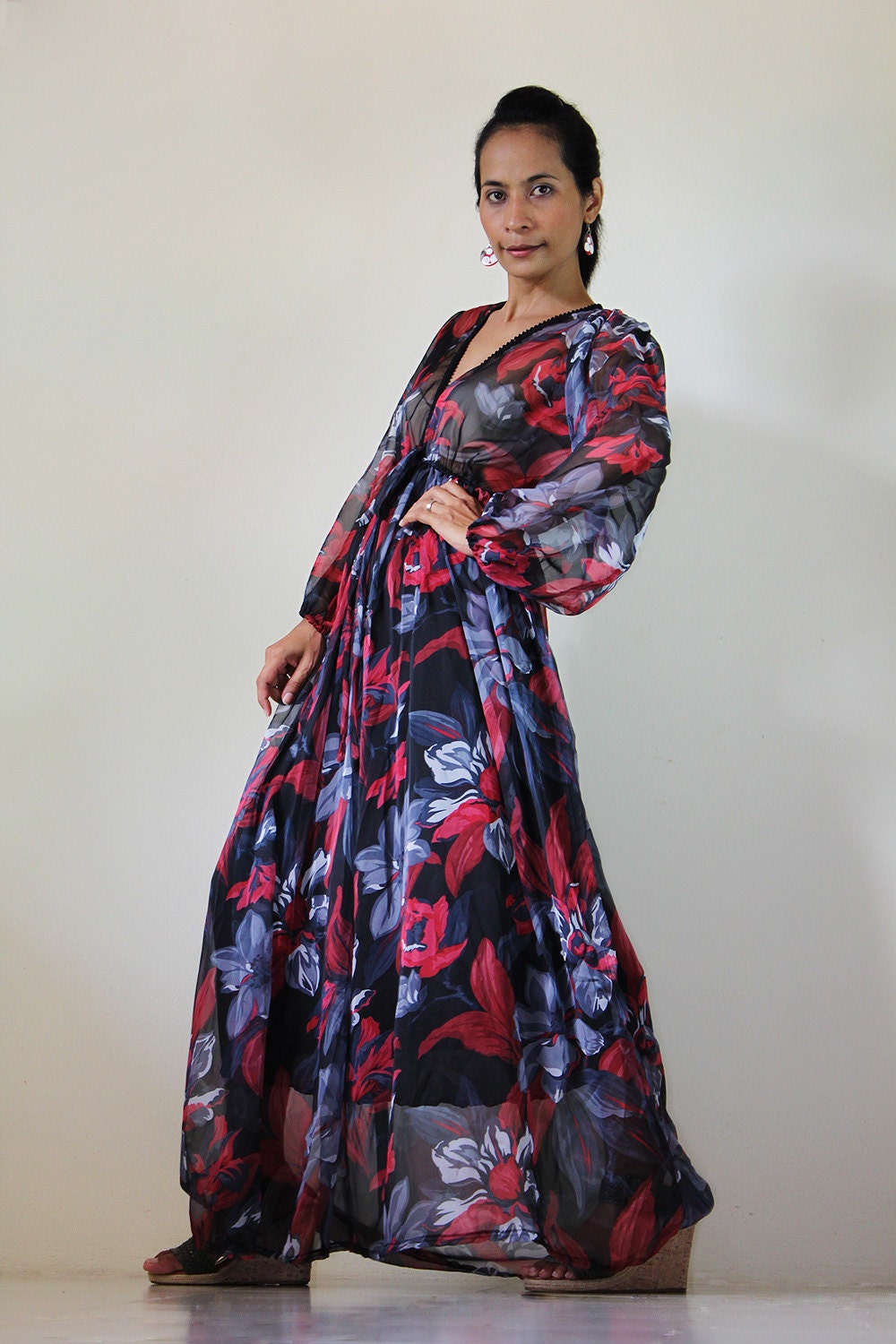 Chiffon Maxi Dress Gorgeous Balck Floral Ruffle Long Sleeved gown : Smooth as Silk Collection III