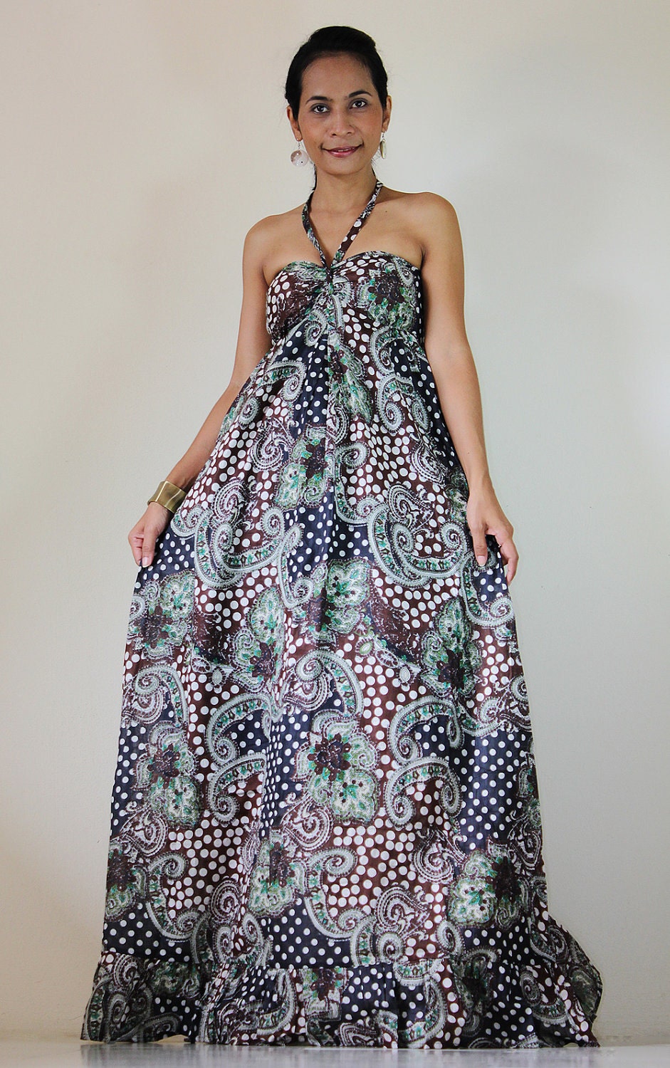 Long Maxi Dress Brown and Black Paisley with Polka Dot  Sexy Strapless gown  : Cutie & Sexy Collection