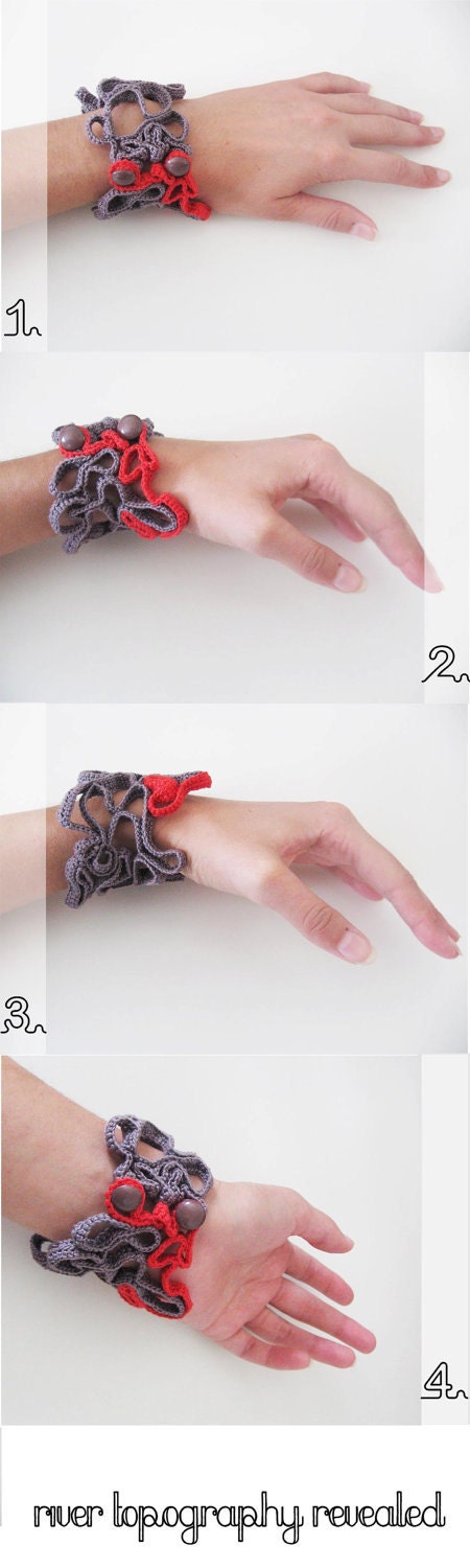 River topography- crocheted cuff bracelet- red and grey crochet -ooak