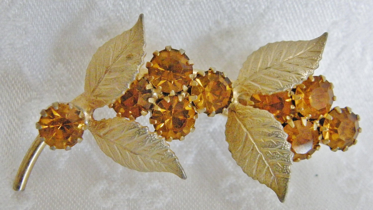 Vintage Rhinestone Brooch Pin Amber Flowers Goldtone Leaves