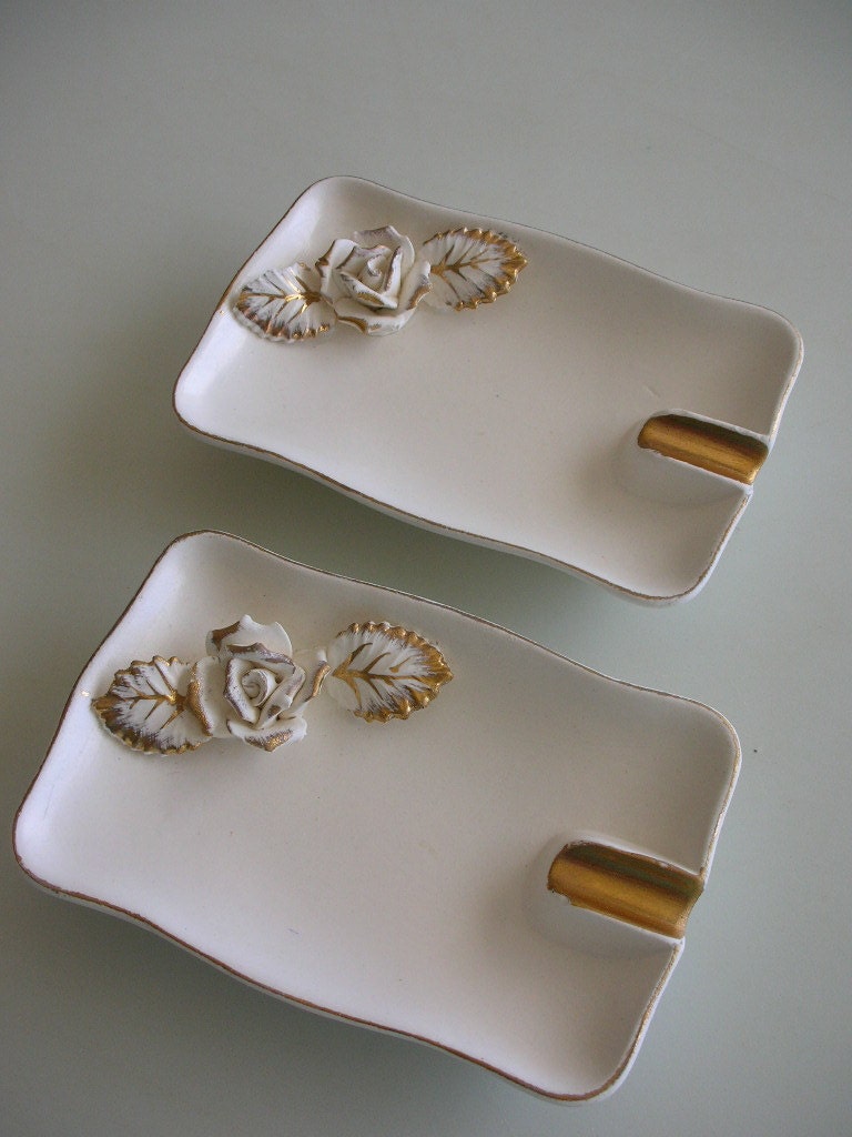 Lefton White Roses Ashtray PAIR of Gold Gilt Ashtrays from The Back Part of the Basement