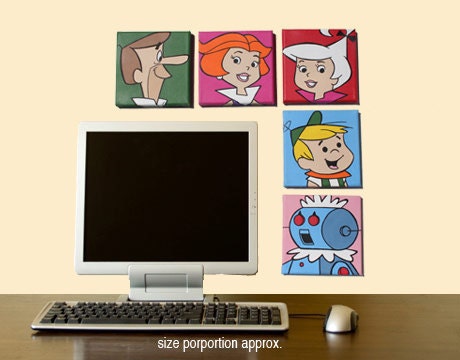 Five JETSTONS Space Age Mini Cartoon Canvas Paintings