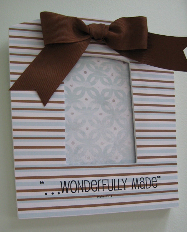 Baby Frame - Aqua & Brown with Stripes, Flowers and Bow - Gender Neutral 6 1/2 x 8 1/2