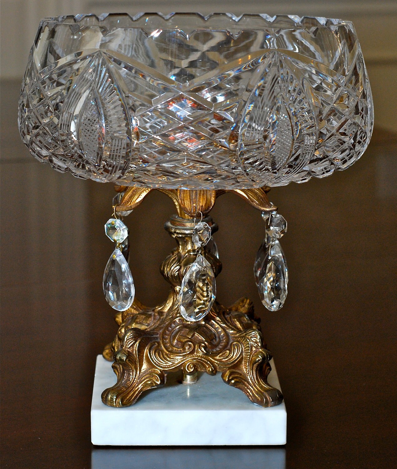 Vintage Cut Crystal Centerpiece Bowl with Brass by BirneyCreek