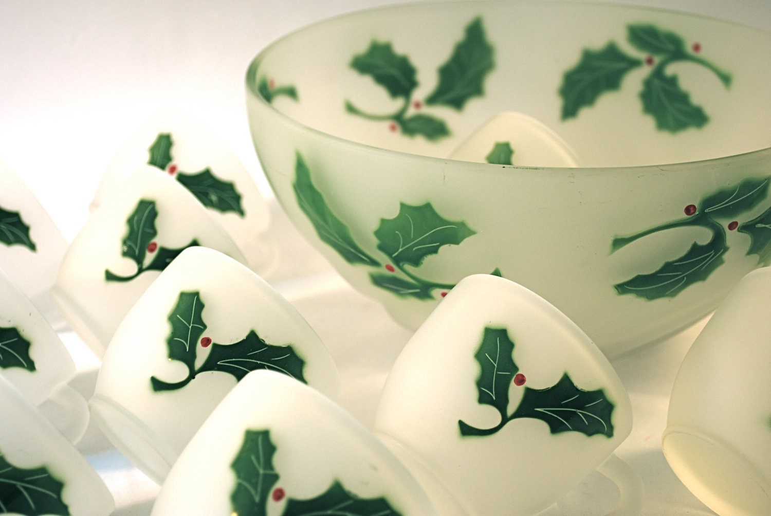 Frosted Glass Holly Punch Bowl and Cups by VintageCleveland