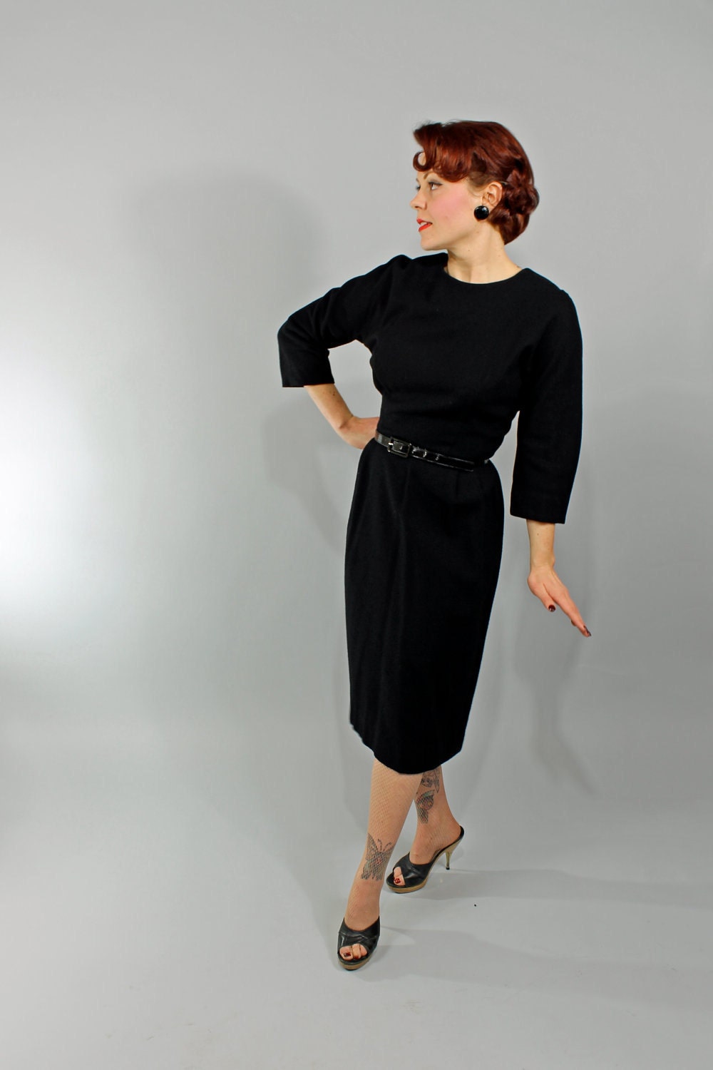 1950s Vintage Dress...Winter Fashion Black Wool Wiggle Dress with Three Quarter Sleeves and Fitted Waist Size Medium