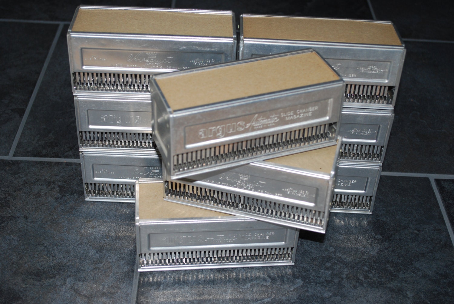Vintage lot of 9 Aluminum Airequipt & Argus Slide Magazines