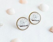 Nautical earrings studs - ship earrings post, white stud earrings, ocean, minimalist jewelry