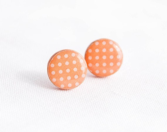 Peach stud earrings - Polka dot ear post Minimalist stud earrings small round cute post earrings