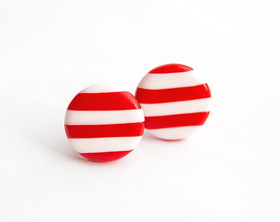 Red  white stud earrings - Striped jewelry