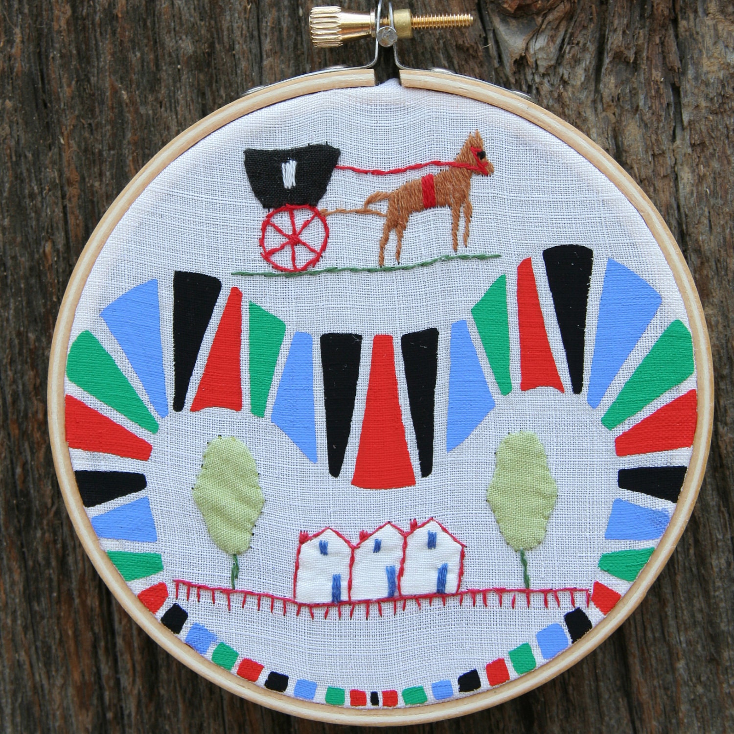 SALE . . . Shall we go to Town Today, painting on vintage embroidered tea towel