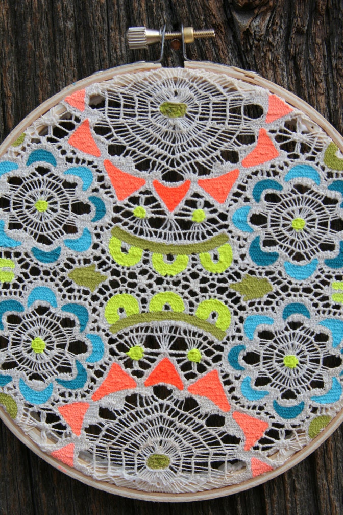 SALE . . . Bam Pow Doily Painting on Vintage Lace Doily