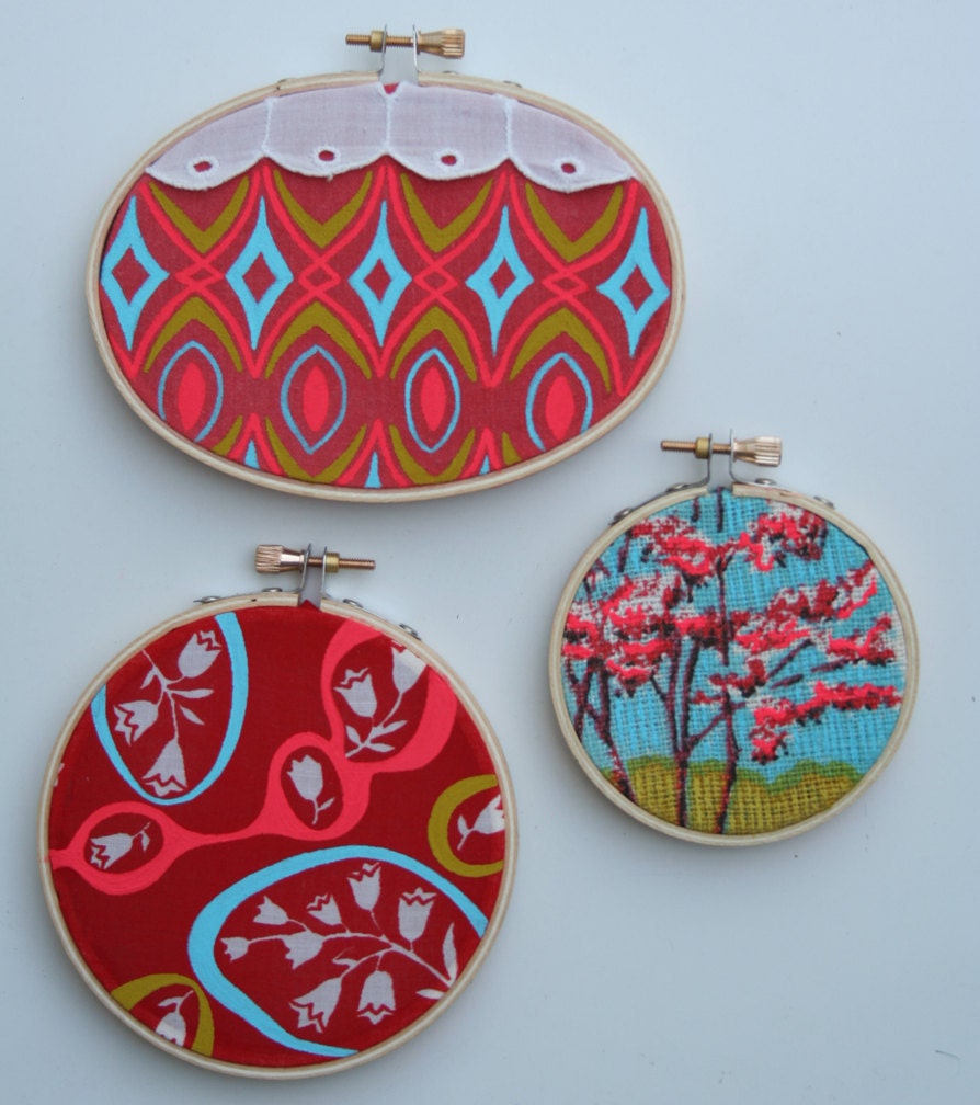 SALE . . . TINY TRIO of paintings on vintage textiles