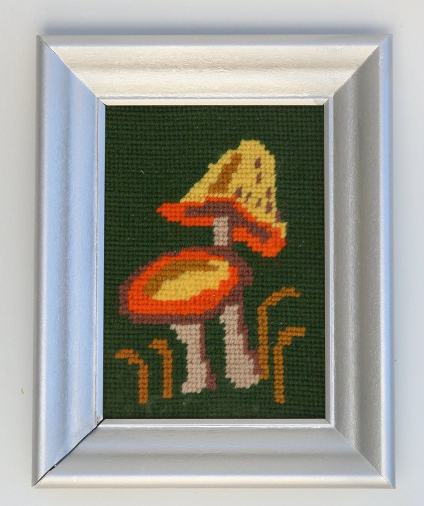 MUSHROOM vintage needlepoint in yellow orange and green in metallic frame