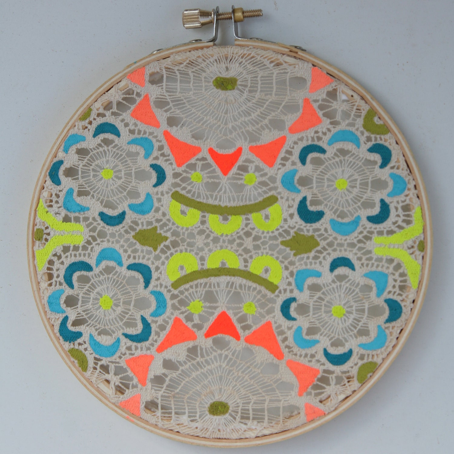 SALE . . . Bam Pow Doily Painting on Vintage Lace Doily