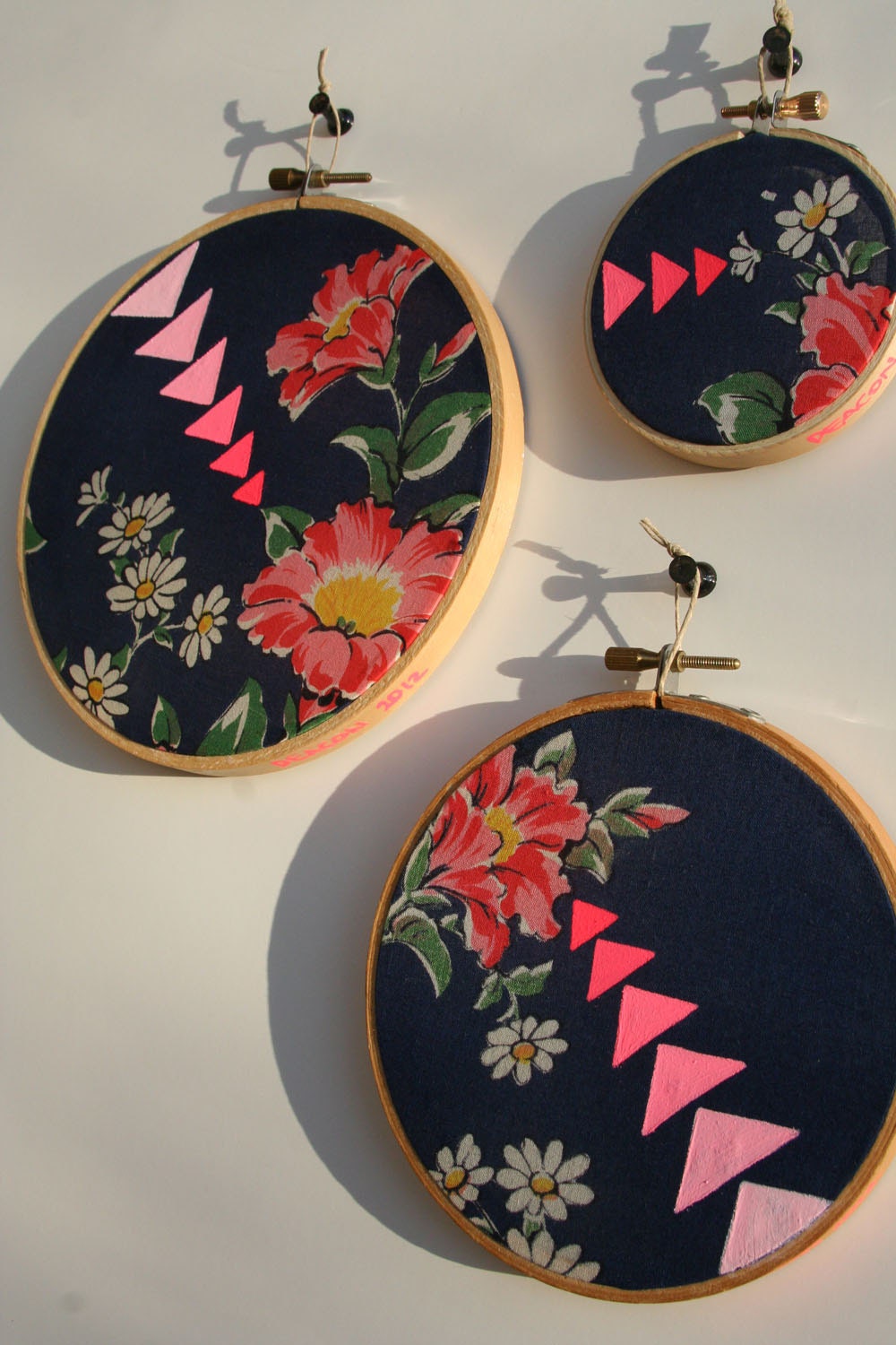 Sweet Simplicity Trio, Altered Vintage Hankie, Neon Gouache Painting, Embroidery Hoop