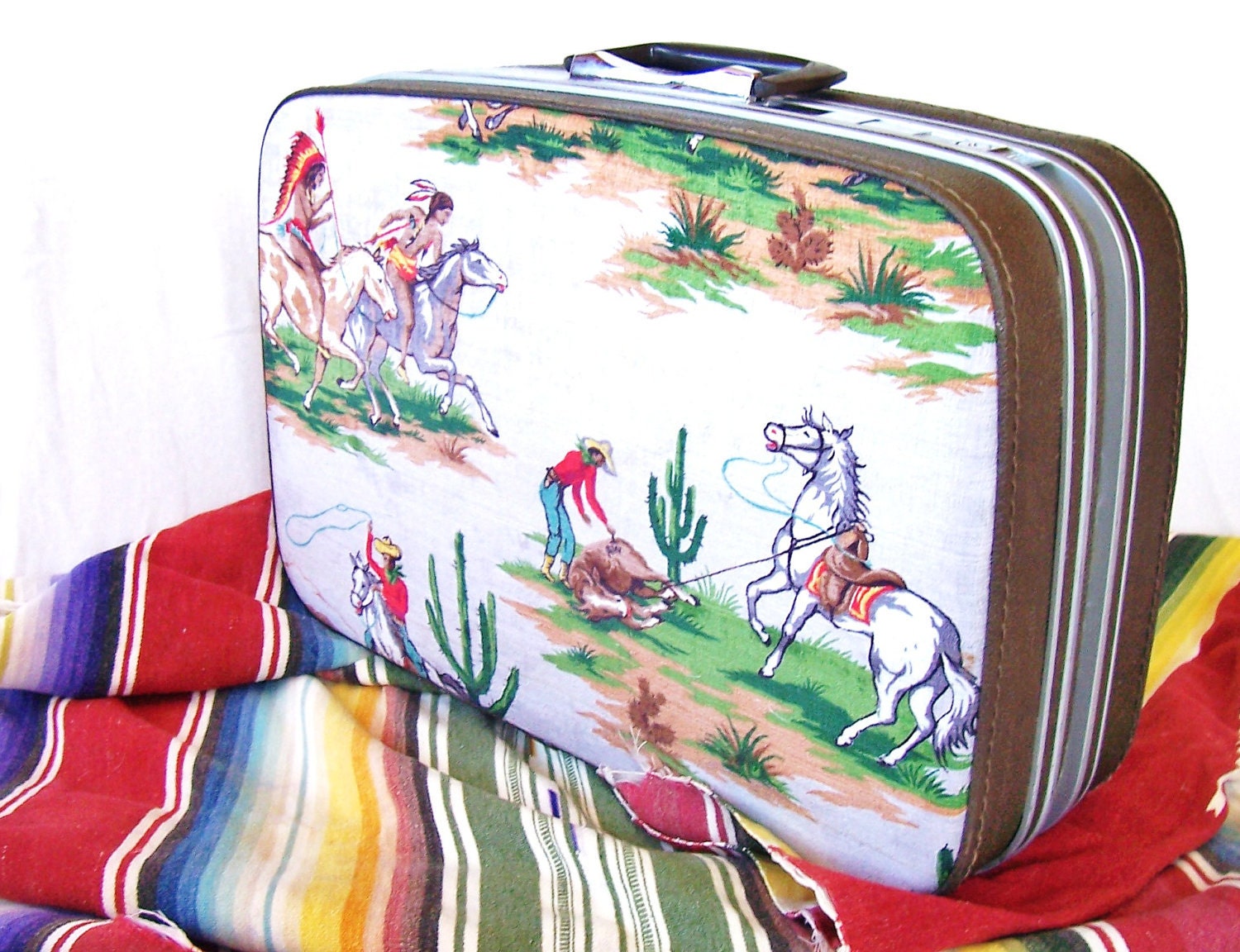 vintage upcycled suitcase, retro cowboy and indians fabric,  samsonite