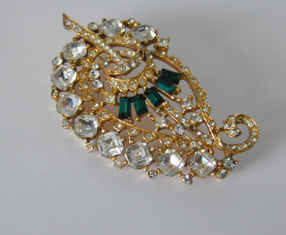 Glamorous Paisley Gold tone and Rhinestone Brooch - at KonniesPlace