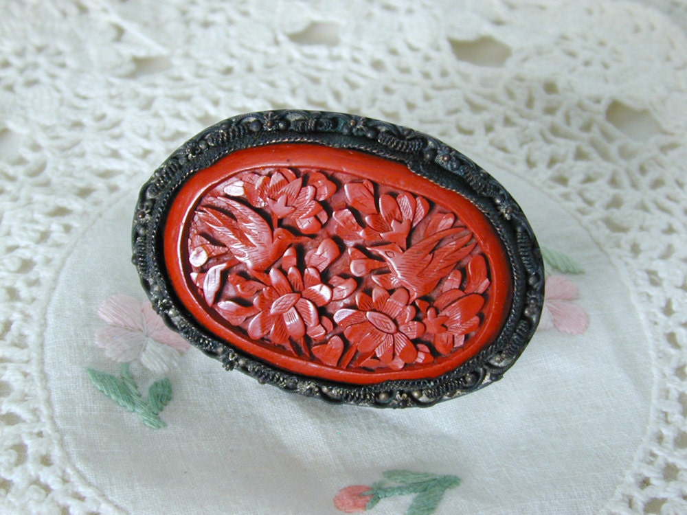 Cinnabar Brooch from China - Circa 40s  - at KonniesPlace