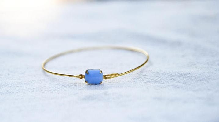 Light Blue Vintage Set Stone Bangle, Stackable Bangle, Gem Stone Bangle, Rhinestone Bangle, Bezel Bangle