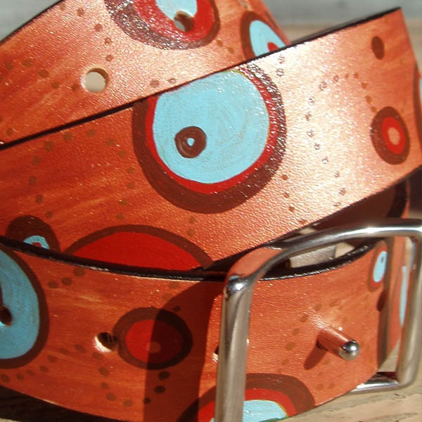 Hand painted leather belt with conway buckle - bronze circles