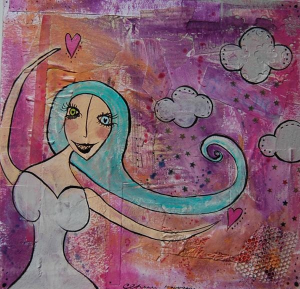 Into the Magic...Original Mixed Media Painting...Clouds and Stars....Whimsical Art