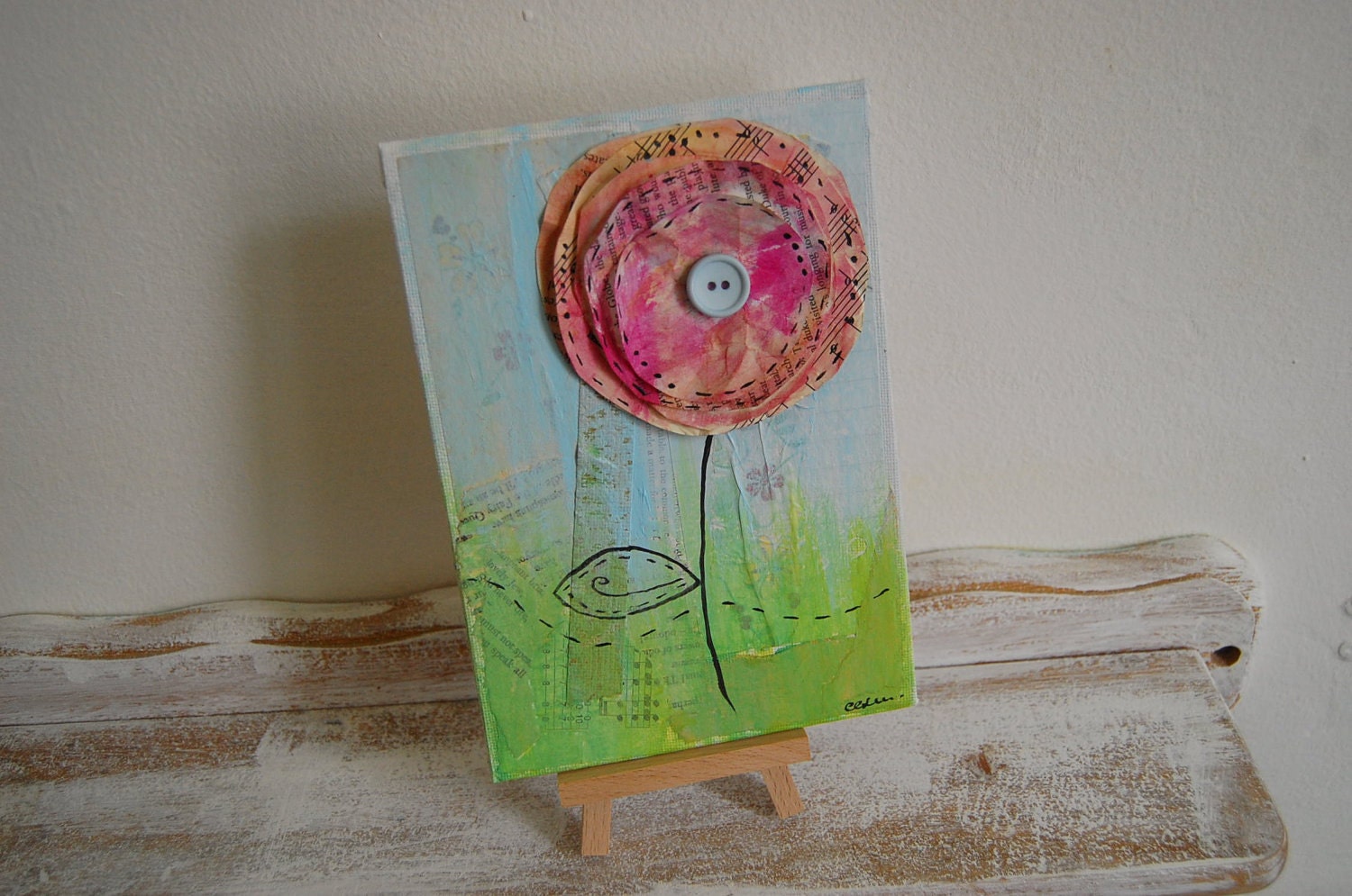Pink Paper Flower.....Original 3D Mixed Media Canvas Board Painting...Whimsical Spring Artwork
