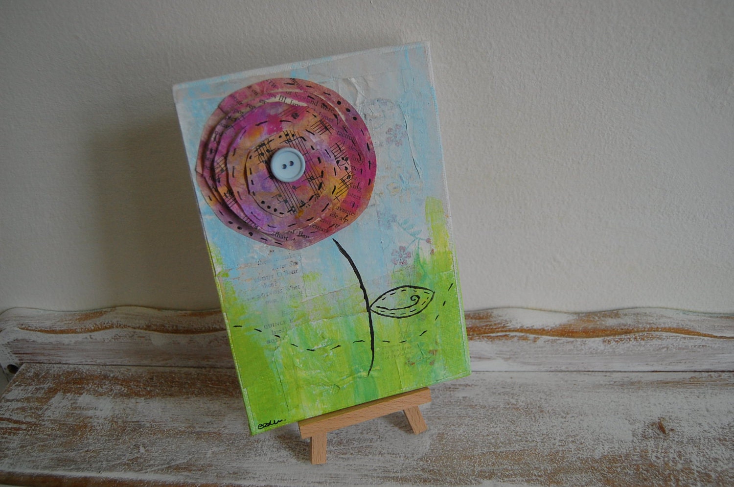 Purple Paper Flower.....Original 3D Mixed Media Canvas Board Painting....Whimsical Spring Artwork