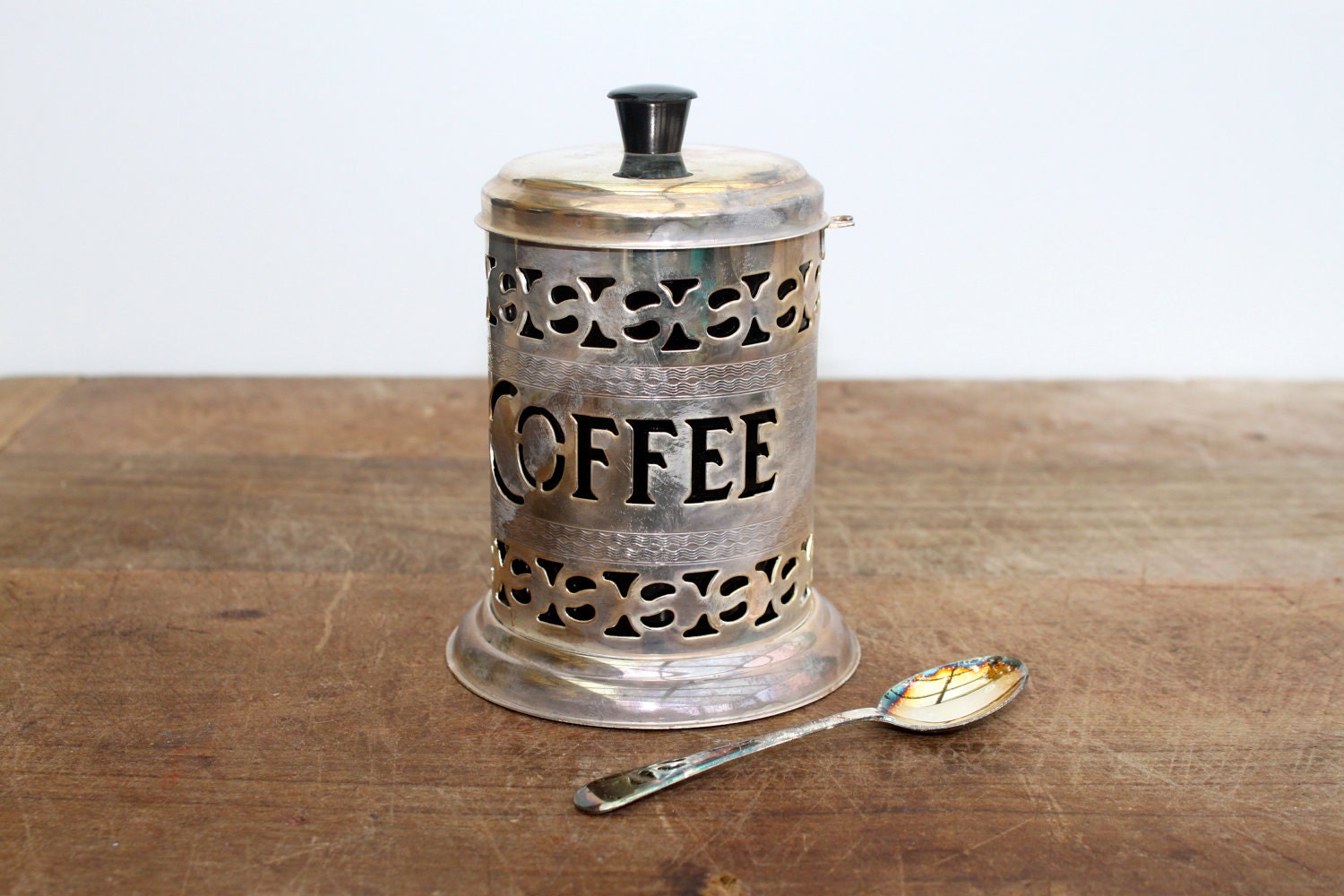 Vintage English Silver Plate Pierced Coffee Canister