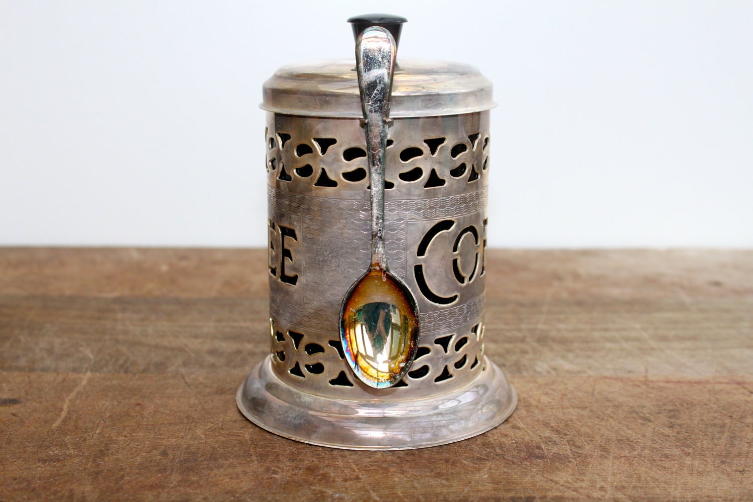 Vintage English Silver Plate Pierced Coffee Canister