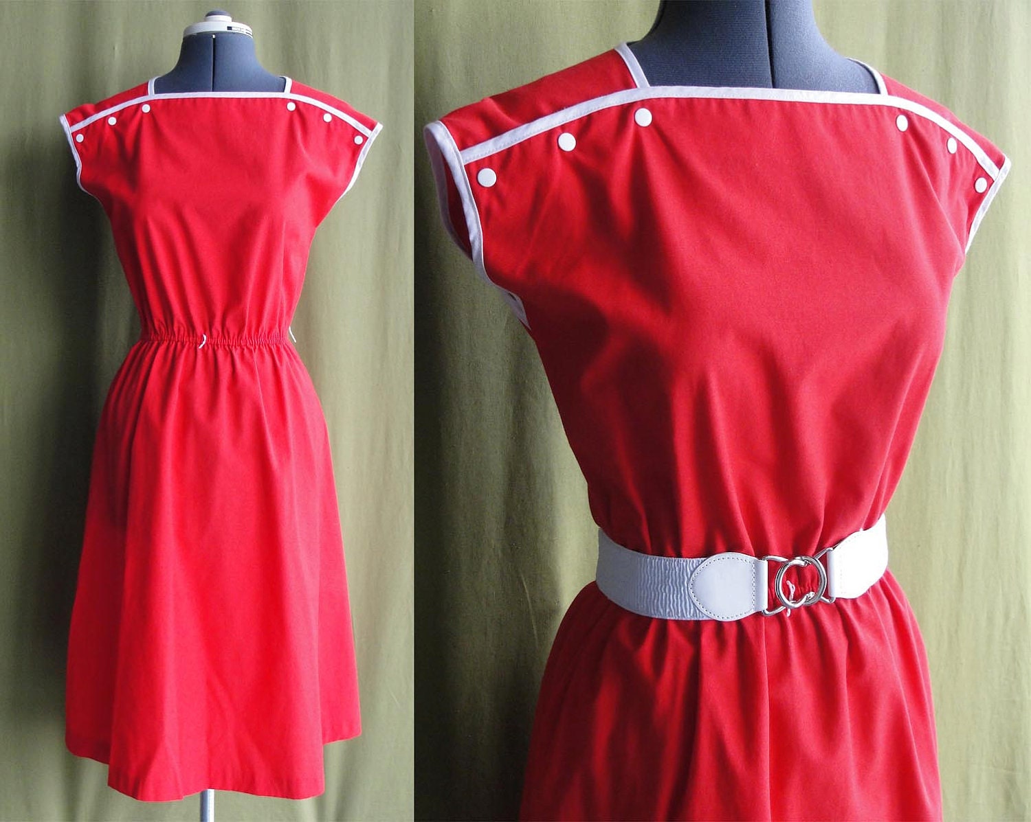Vintage 1970s 80s Red Cotton Day Dress with White Piping and Snap Shoulders Size 6 to 10 Small Medium