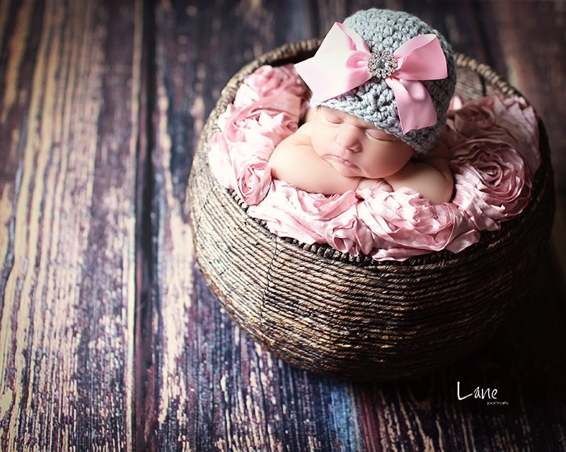 Crochet Baby Hat with Ribbon and Rhinestone
