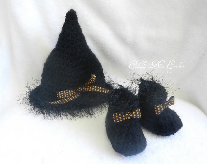 Crochet Baby Halloween Witch Hat and Bootie Set