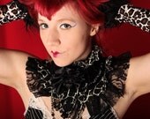 Victorian Ruffle Collar. Noir Carnival Black and vintage White Lace, Tattered Satin Flowers, Velvet, and dangle drippy beadwork