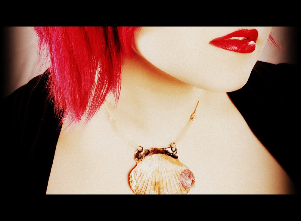 Shell Necklace Mermaid  - Bohemian Jewelry large chunky orange beach shell purple barnacle Pendant Strange Pirate Treasures unique OOAK