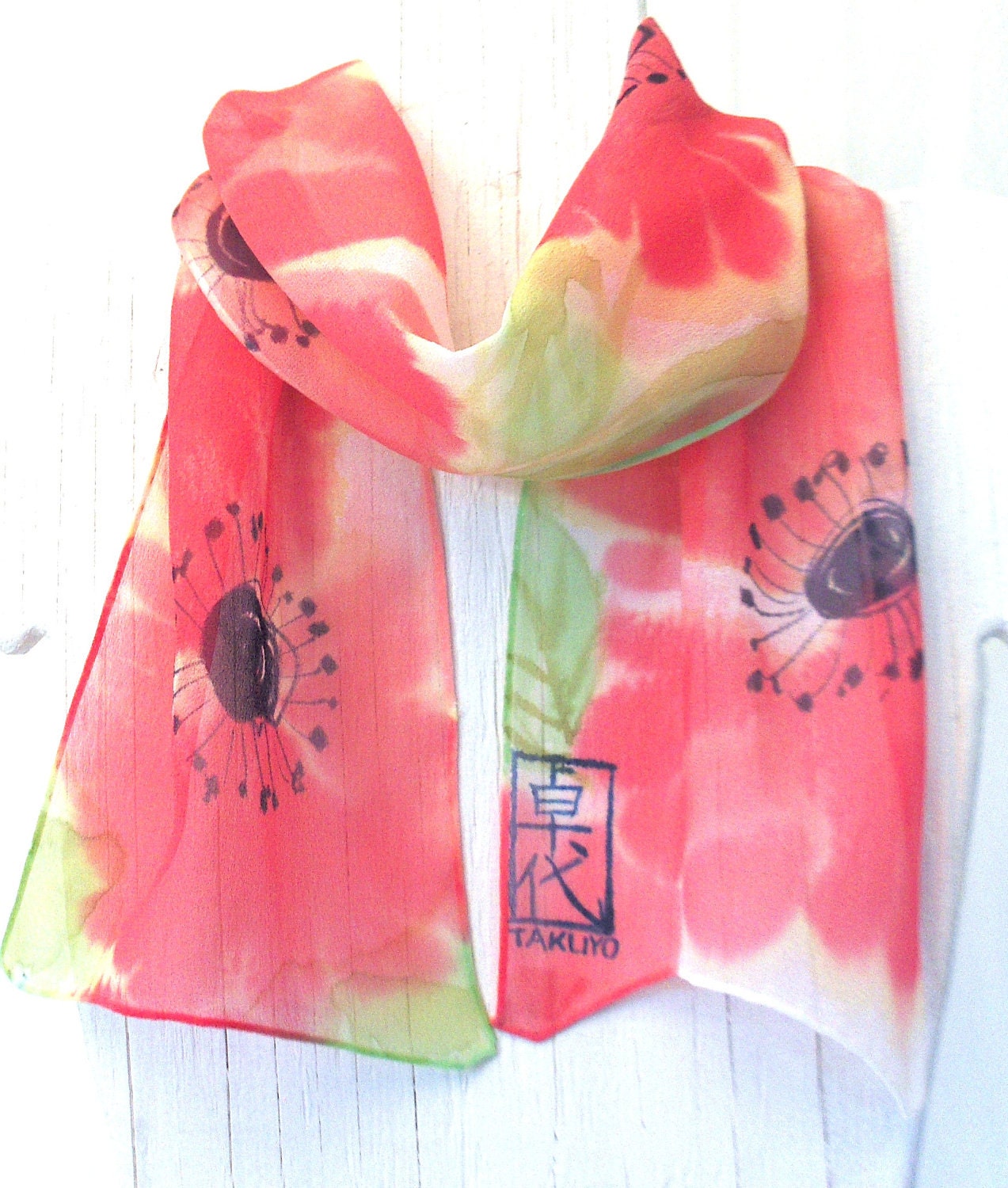 Pink silk scarf. Hand painted. Watermelon Pink Poppies Scarf. Spring Fashion. Pastel. Silk Chiffon Scarf. French Silk Dye 8x50 in.