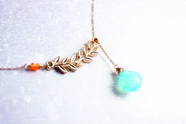 Aqua Chalcedony Lariat Gold Necklace - gemstone and leaf charm carnelian 14k gold bridesmaid jewelry by petitor