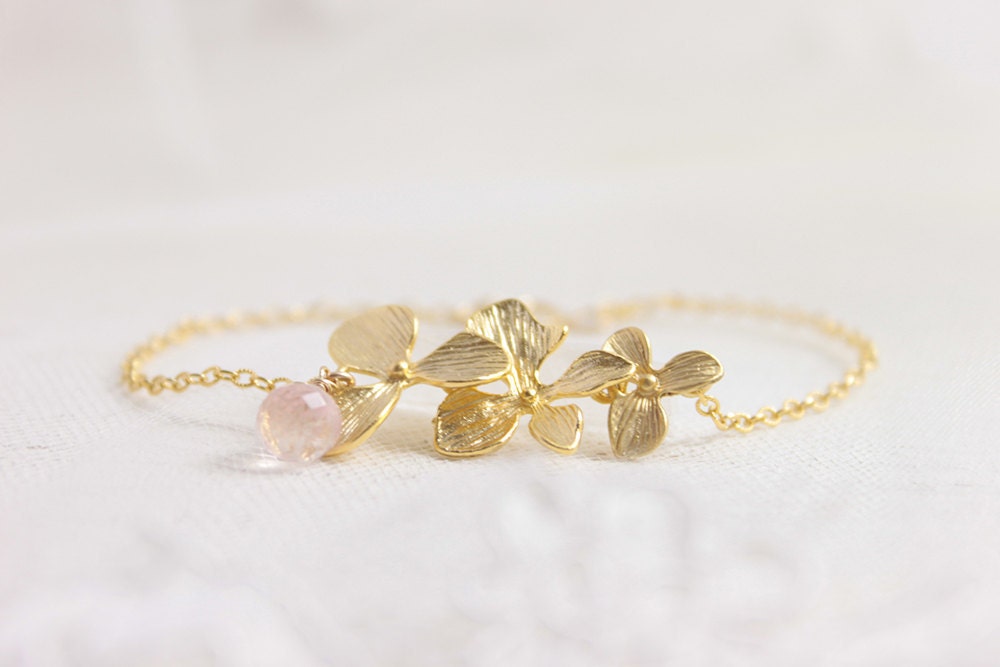 Orchid Gold Bracelet - orchid flower petals and rose quartz on14k gold filled chain
