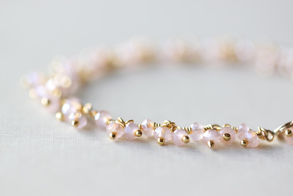 Pale Rose Pink Bracelet - light pink chalcedony gemstones and gold jewelry, bridal wedding bridesmaid gift