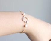 Gold Clover Bracelet - lucky four leaf quatrefoil and white pearls on 14 karat gold fill, friendship bracelet