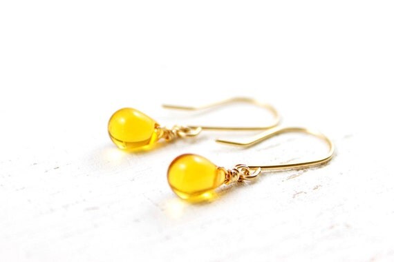 Honey Mustard Earrings tiny yellow amber dangle 14k by petitor