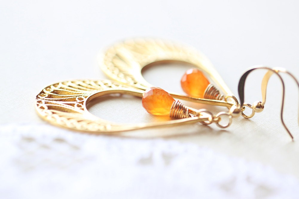Gold Orange Chandelier - citrus carnelian gemstone and teardrop vermeil gold chandelier on 14k gold fill