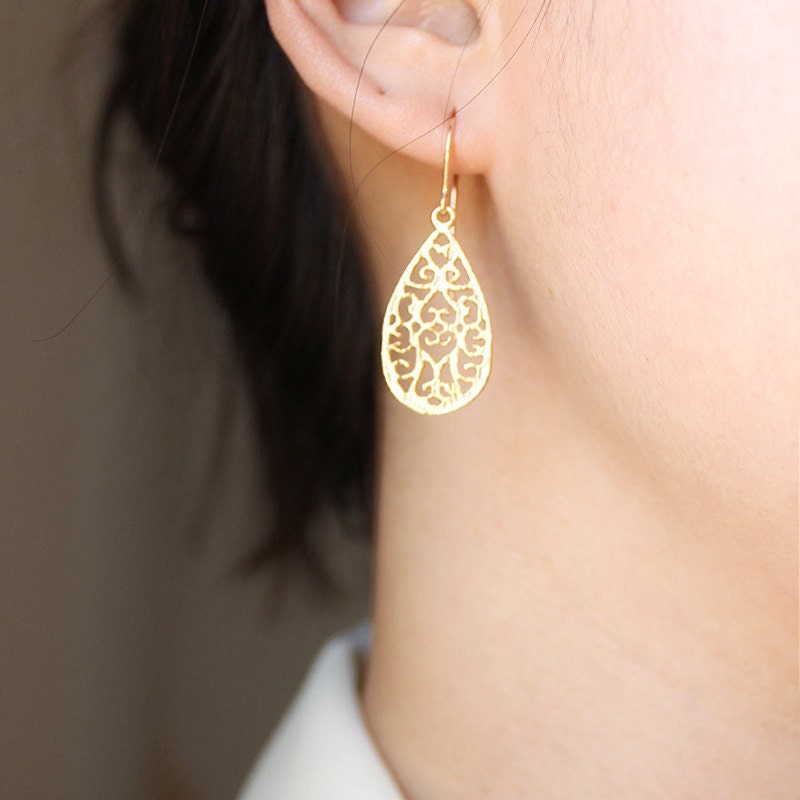 Small Gold Teardrop Earrings - simple vermeil tear drop filigree, golden flower petal jewelry