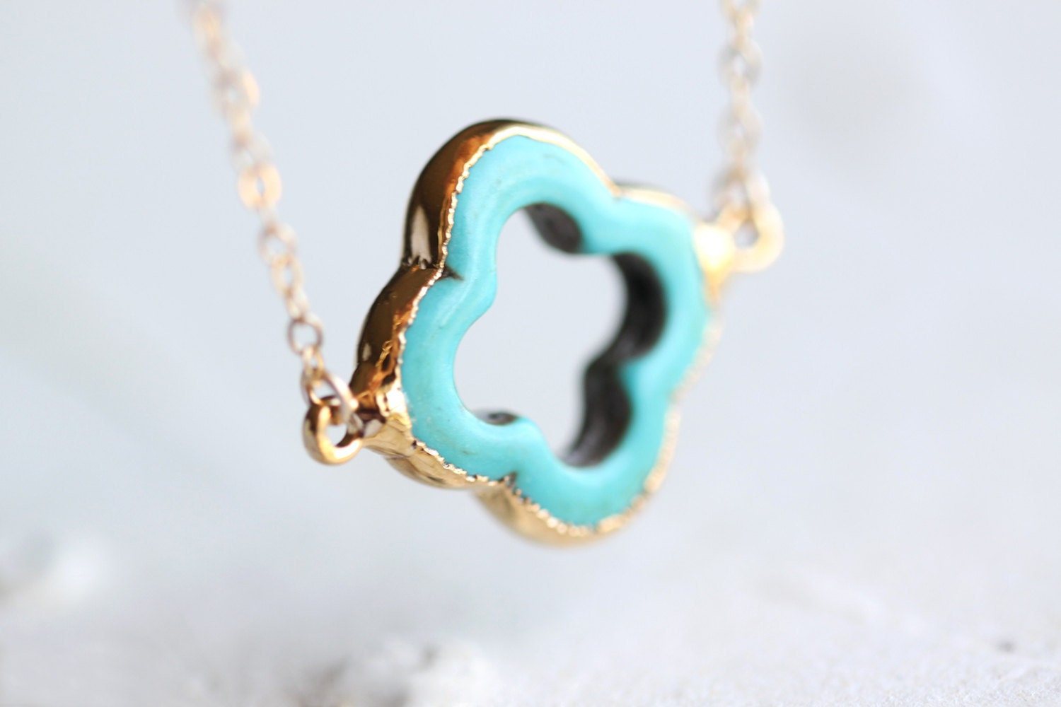 Turquoise Gold Four Leaf Clover Necklace - teal quatrefoil gemstone with 14k gold fill chain