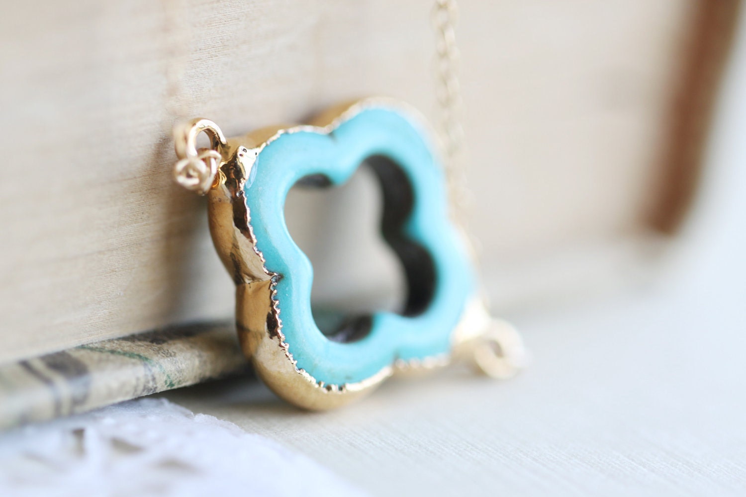Turquoise Gold Four Leaf Clover Necklace - teal quatrefoil gemstone with 14k gold fill chain