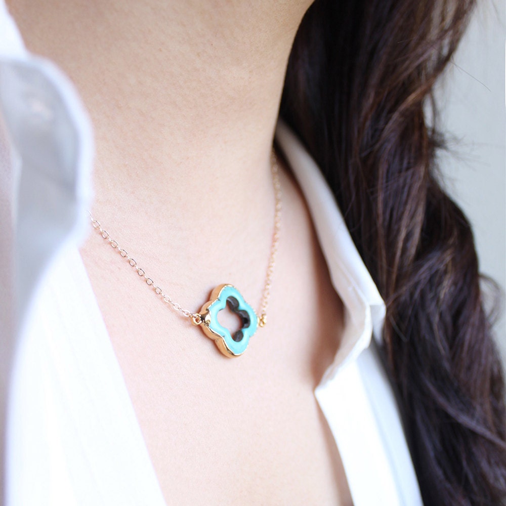 Turquoise Gold Four Leaf Clover Necklace - teal quatrefoil gemstone with 14k gold fill chain