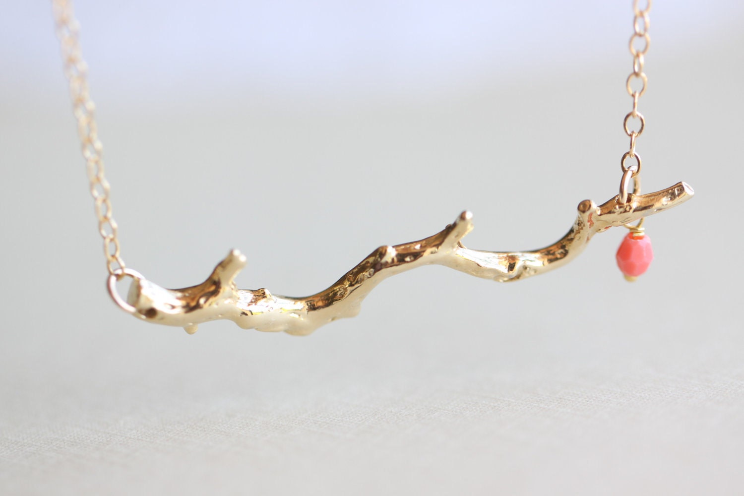 Gold Coral Branch Necklace - horizontal coral branch on 14k gold fill chain