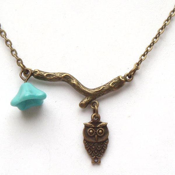 Antiqued Brass Branch Czech Glass Flower  Owl Necklace