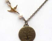Antiqued Brass Tree  Bird Pearl Necklace