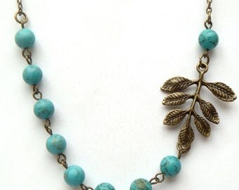 Antiqued Brass Leaf Green Turquoise Necklace